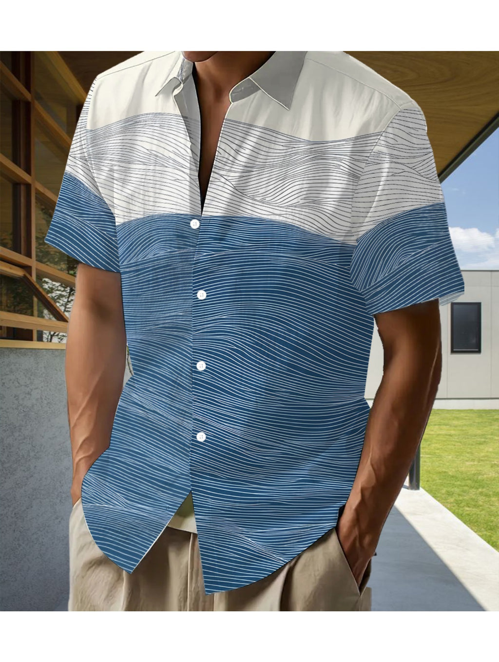 Men's Casual Shirt with Fun Hawaiian Tropical Blue and White Wave Pattern Patchwork Print - Short Sleeve Button-Up Design for Summer Outdoor and Casual Wear, Daily Outfits