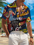 New Men'S Casual Short-Sleeve Shirt Featuring a Vintage Auto Repair Shop Design, Paired with a Hot Girl And a Flame-Modified Car. Perfect for Holiday Gatherings And Commuting