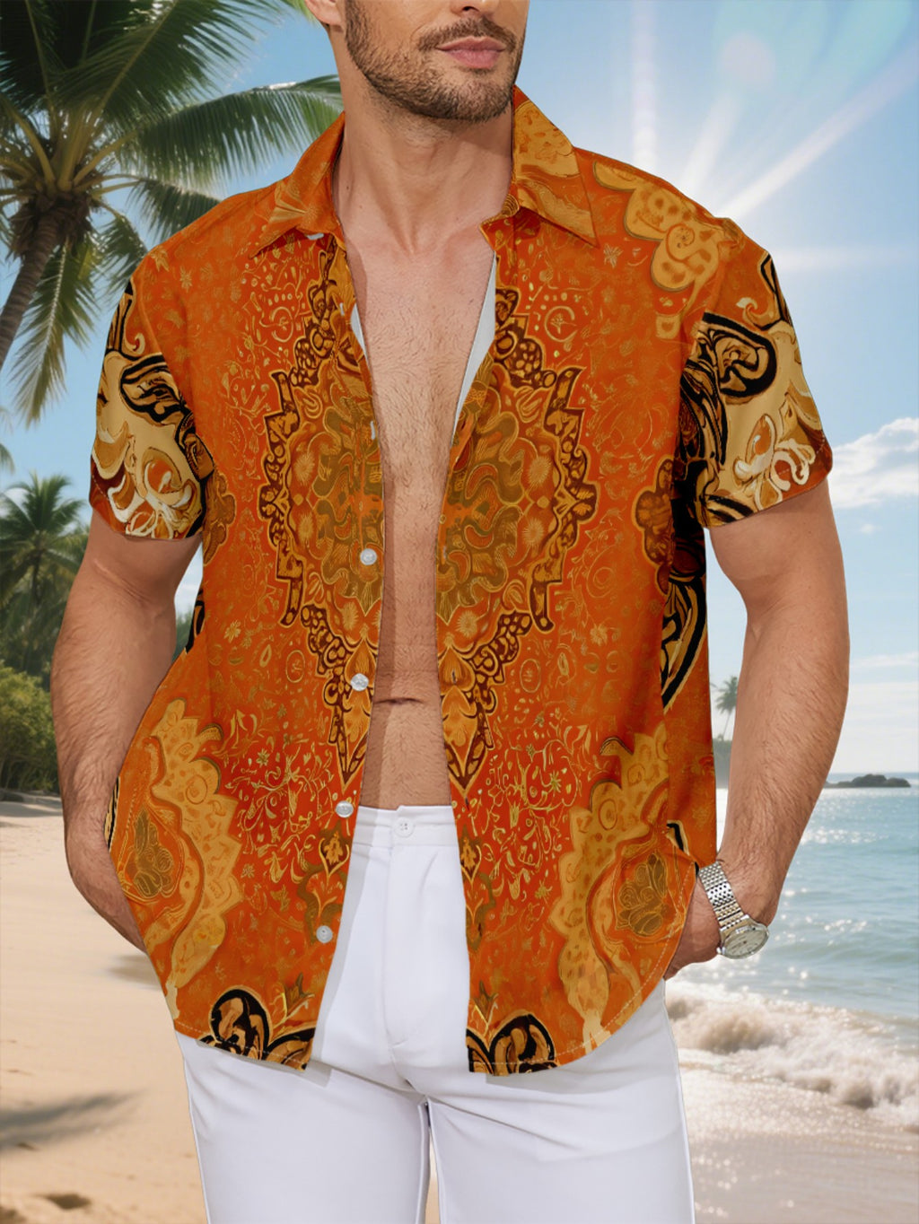 New Men's Casual Short-Sleeve Shirt, Orange Base with Golden-Brown Intertwined Vine Pattern, Symmetrical, Intricate, and Elegant, Versatile for Holiday Parties and Commuting, Polyester Fiber Fabric, Machine Washable, Button-Up Printed Shirt