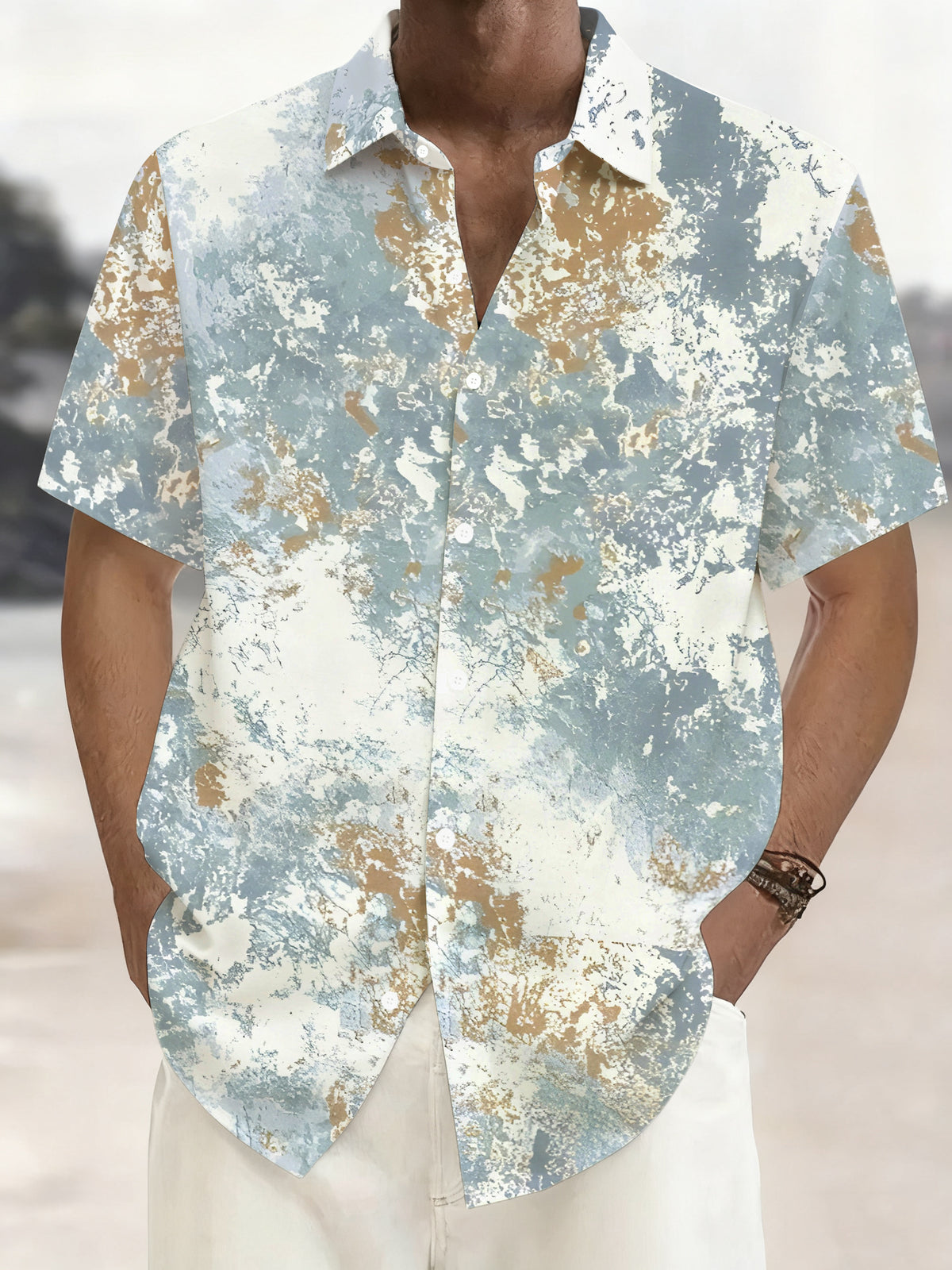 Men's Loose Fit Short Sleeve Button- Shirt - Summer Marine Color (Blue & Yellow), Collar Casual Beachwear Suitable for Outdoor, Office, Travel - Relaxed Fit Button-Up Shirt