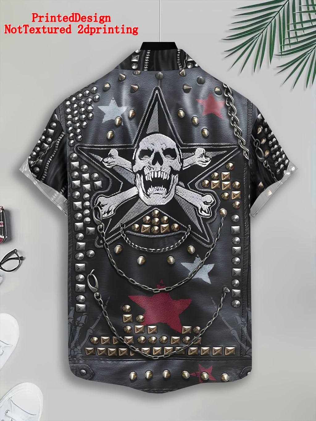 Printed Design-Not Textured 2D Printing Biker Style Men'S Casual Shirt, Print Black Leather Jacket with Skulls And Studs Summer Pattern Highlights