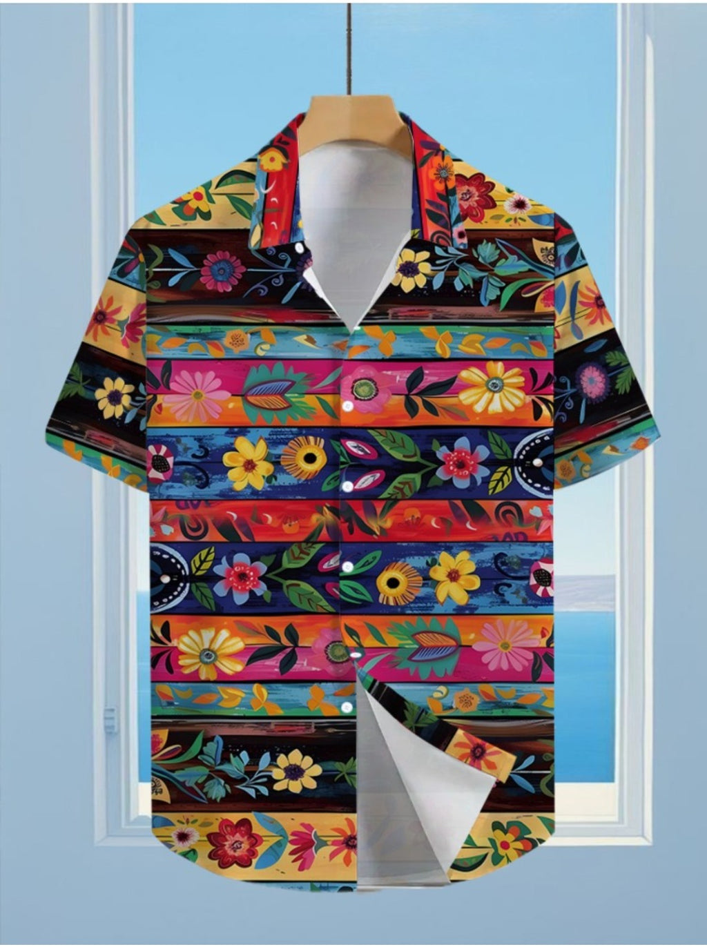 Fashionable Tropical Vibrant Floral Print Men'S Casual Shirt - Short-Sleeved Button Design, Suitable for Summer Outdoor And Leisure Wear