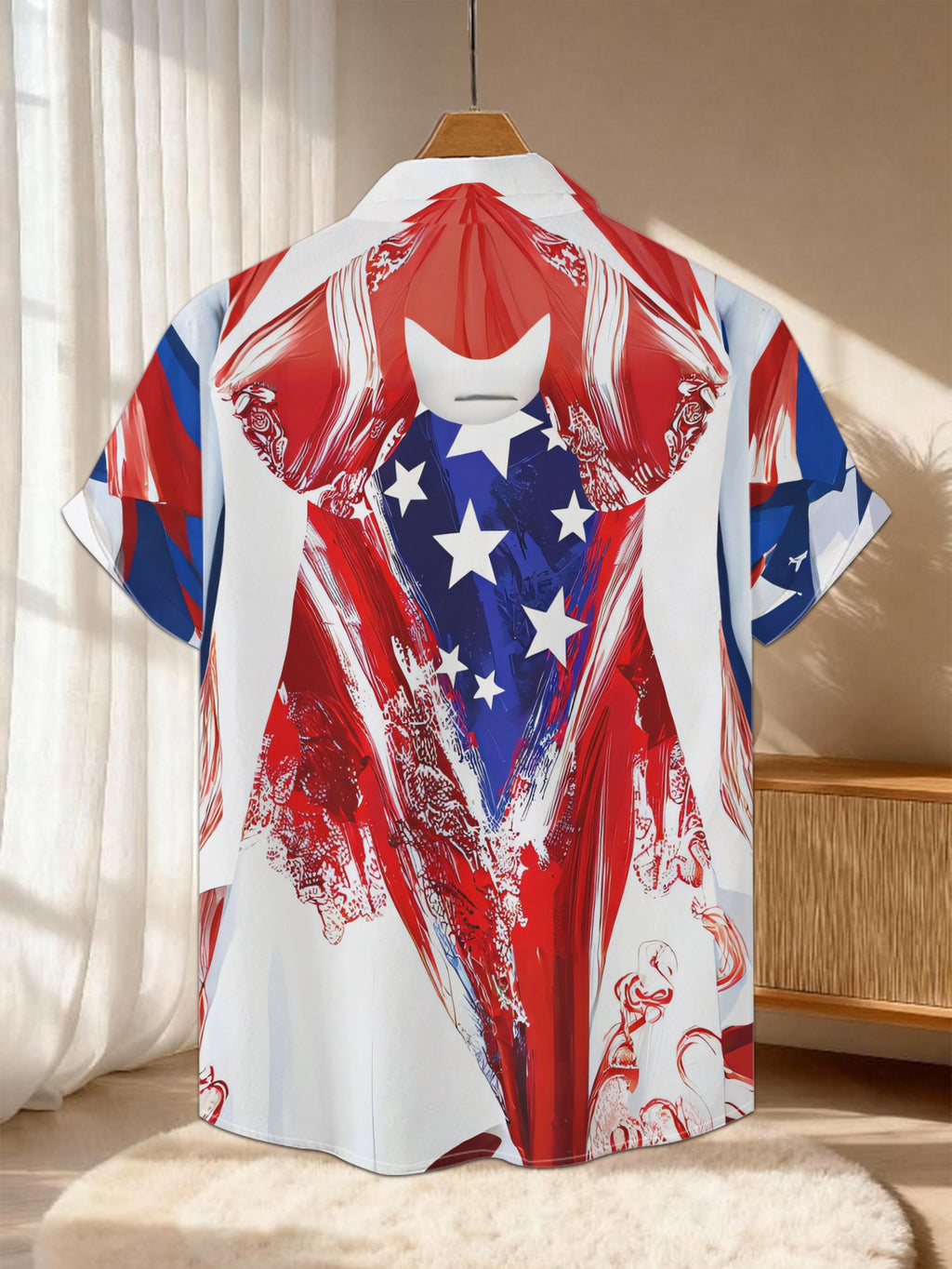 New Men's Casual Short-Sleeve Shirt with Red, Blue, and White Star Pattern, Bold Abstract Style, Versatile for Holiday Parties and Commuting, Polyester Fabric, Machine Washable, Button-Up Printed Shirt