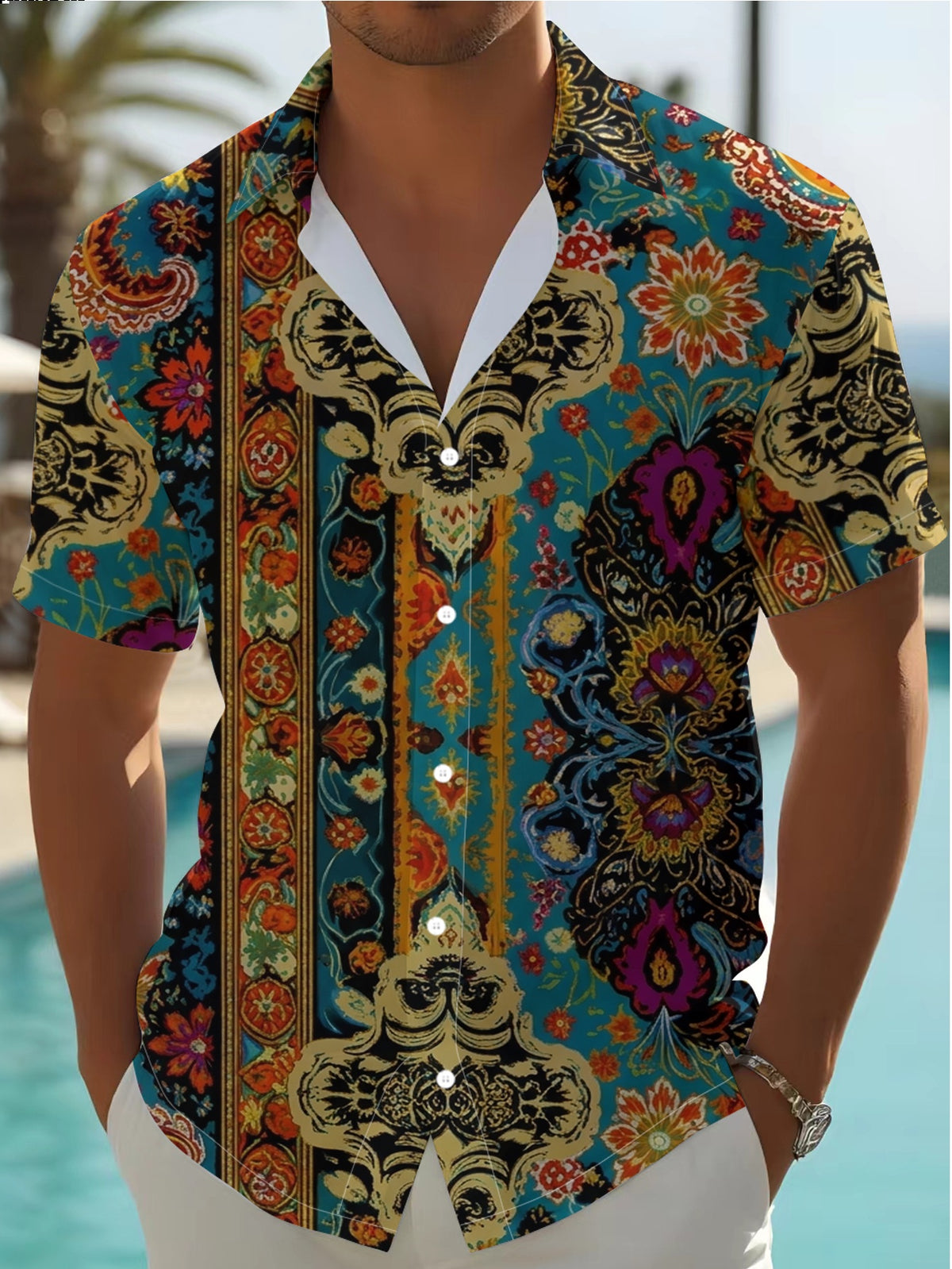 Men's Summer Digital Print Short Sleeve Shirt, Fashionable Casual Vacation Style Loose Fit Collared Floral Shirt