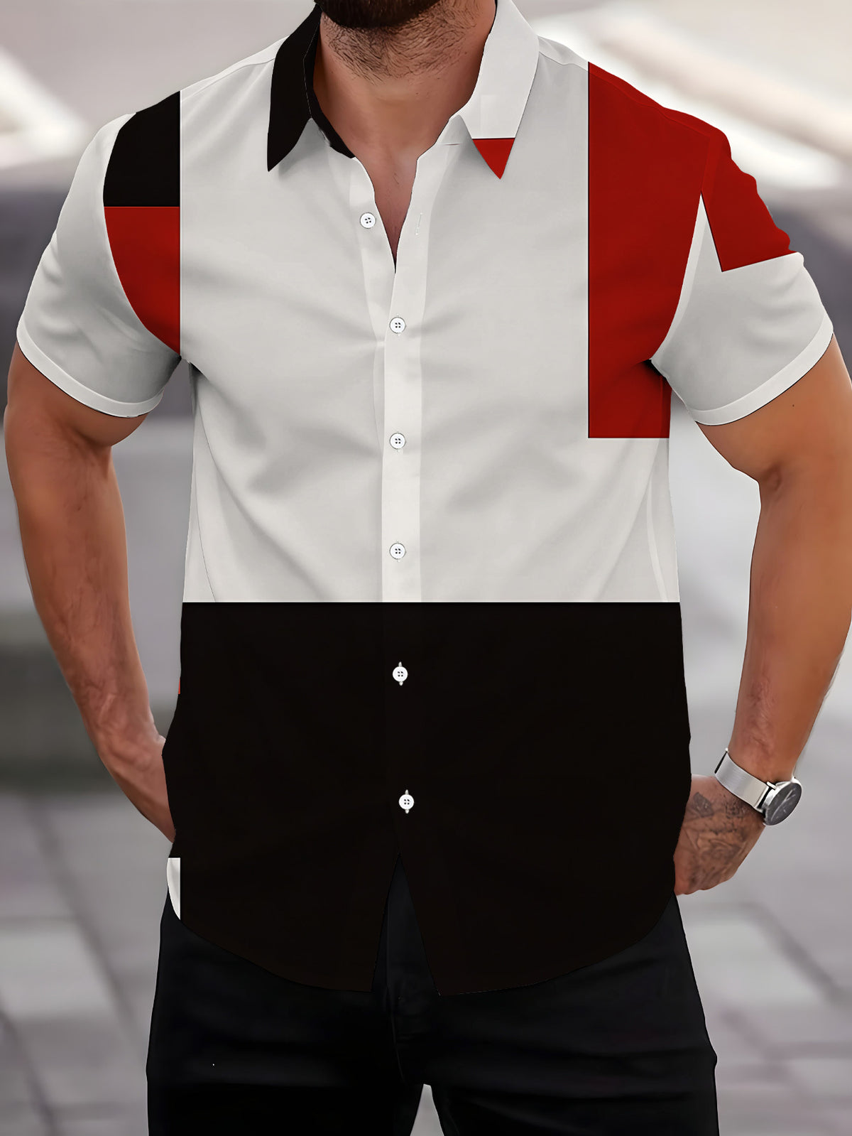 Men'S Short Sleeve Shirt, Geometric Style Print Men'S Print Short Sleeve Square Element Cool Men'S Shirt Red Black White 3-Color Men'S Casual Short Sleeve Shirt Summer