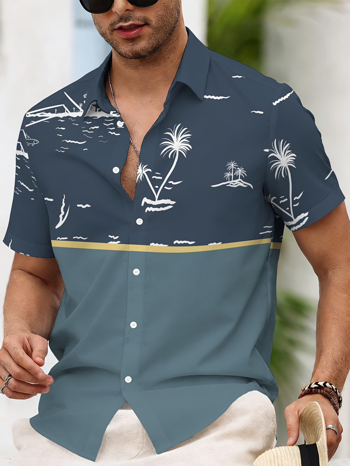 Casual Style Men'S Casual Shirt Print Navy Blue Tropical Island Scene Summer Palm Trees And Ocean Waves