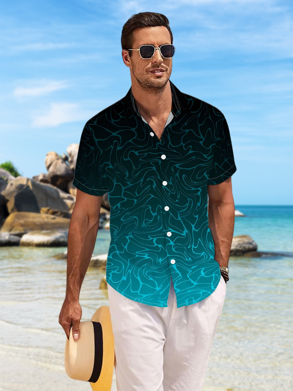 New Men'S Casual Short-Sleeve Shirt in Dark Blue with a Gradient Pattern, Featuring Layered Textures That Create a Deep Effect. Perfect for Holiday Gatherings And Commuting, Made from Machine-Washable Polyester Fabric with a Button Print