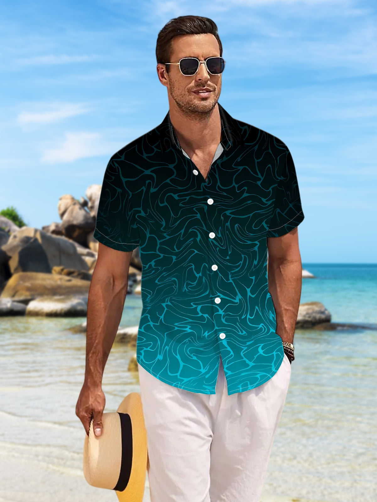 New Men'S Casual Short-Sleeve Shirt in Dark Blue with a Gradient Pattern, Featuring Layered Textures That Create a Deep Effect. Perfect for Holiday Gatherings And Commuting, Made from Machine-Washable Polyester Fabric with a Button Print