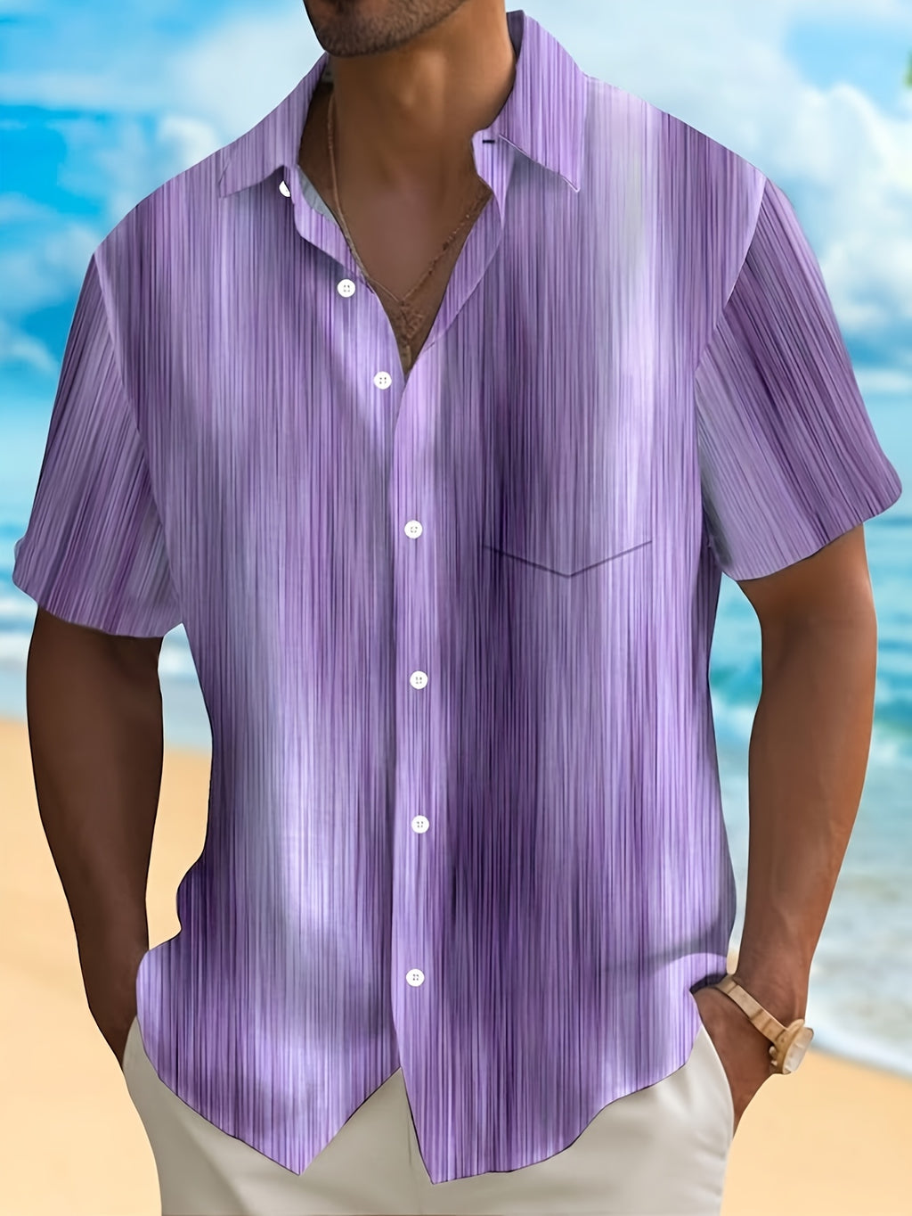 Vintage Gradient Stripe Texture Men's Button Pocket Shirt, PLUS SIZE