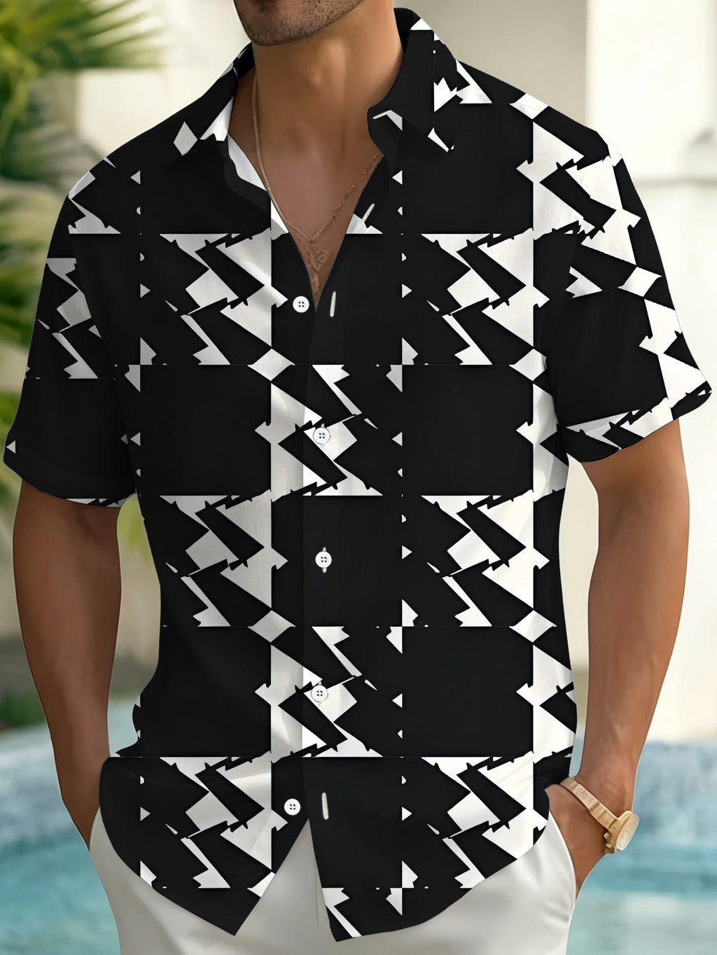 Summer Men'S Short Sleeve Shirt, Fashion Loose Casual Short Sleeve Top, Versatile Top for Beach Vacation, Men'S Youth Black And White Geometric Pattern Printed Shirt - No Texture