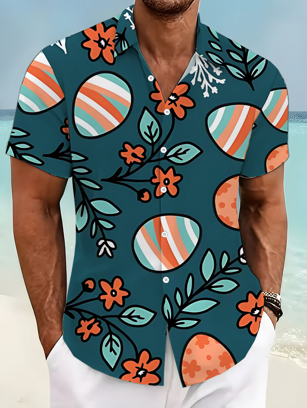 Men'S Loose Short-Sleeve Shirt, Fashionable Easter Egg, Floral And Leaf Digital Print, Deep Teal Style. Trendy And Atmospheric, Perfect for Summer Streetwear