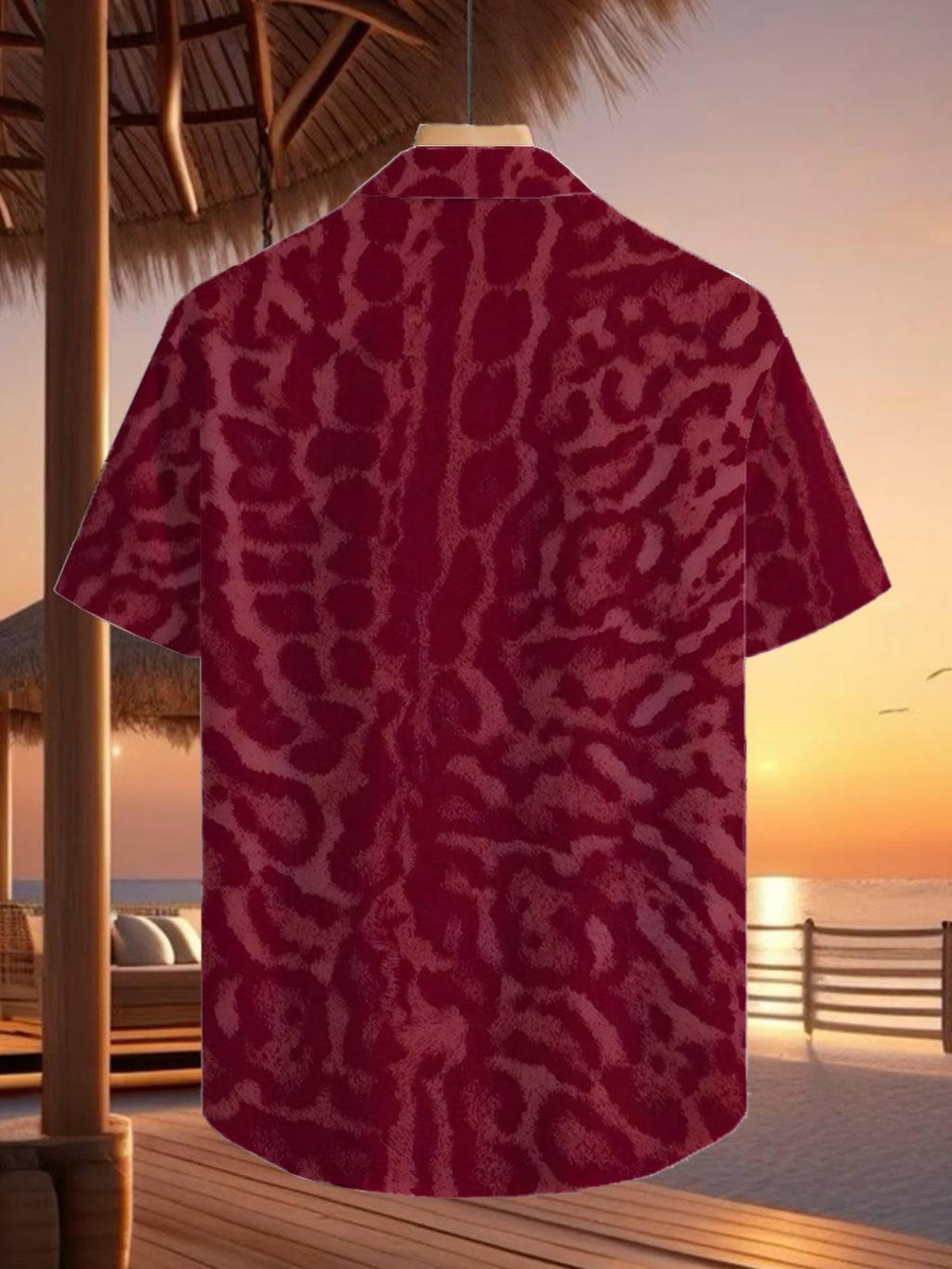 Men's Tropical Red Short-Sleeve Button- Shirt - Loose Fit Casual Summer Beachwear with Collar & Full-Body Tropical Print, Button Front Placket for Outdoor & Smart-Casual Occasions