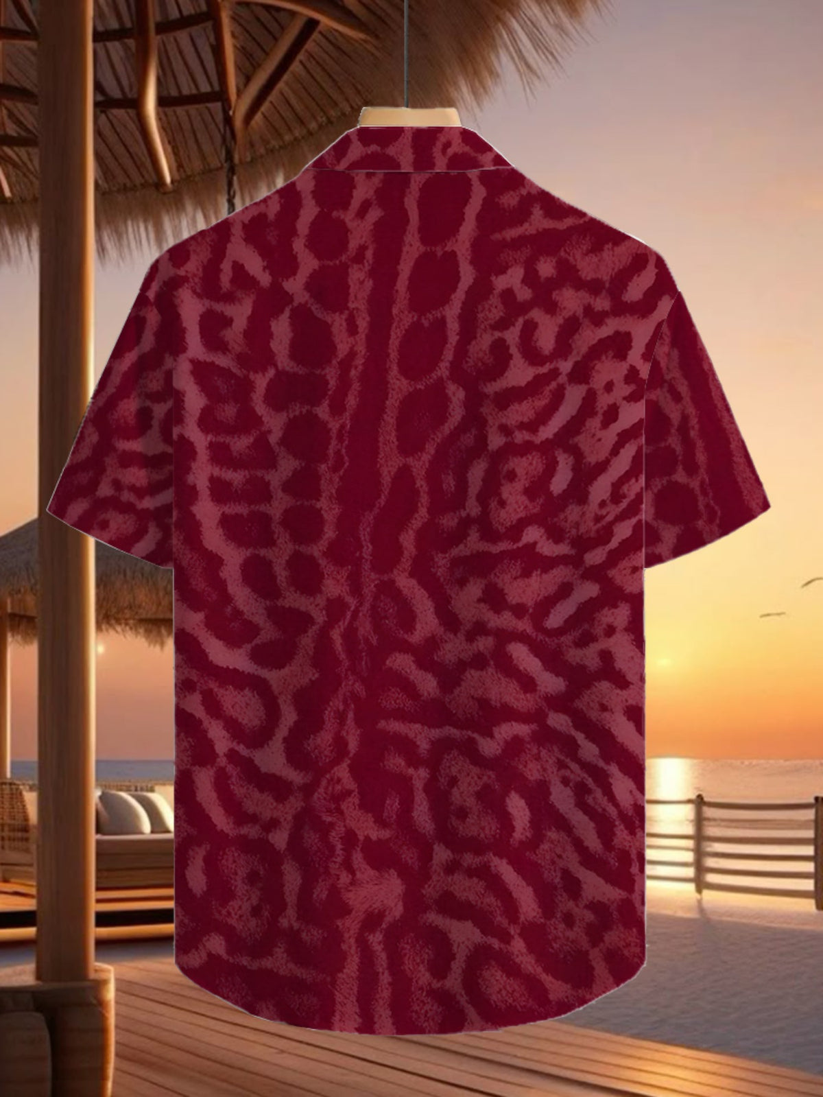 Men's Tropical Red Short-Sleeve Button- Shirt - Loose Fit Casual Summer Beachwear with Collar & Full-Body Tropical Print, Button Front Placket for Outdoor & Smart-Casual Occasions