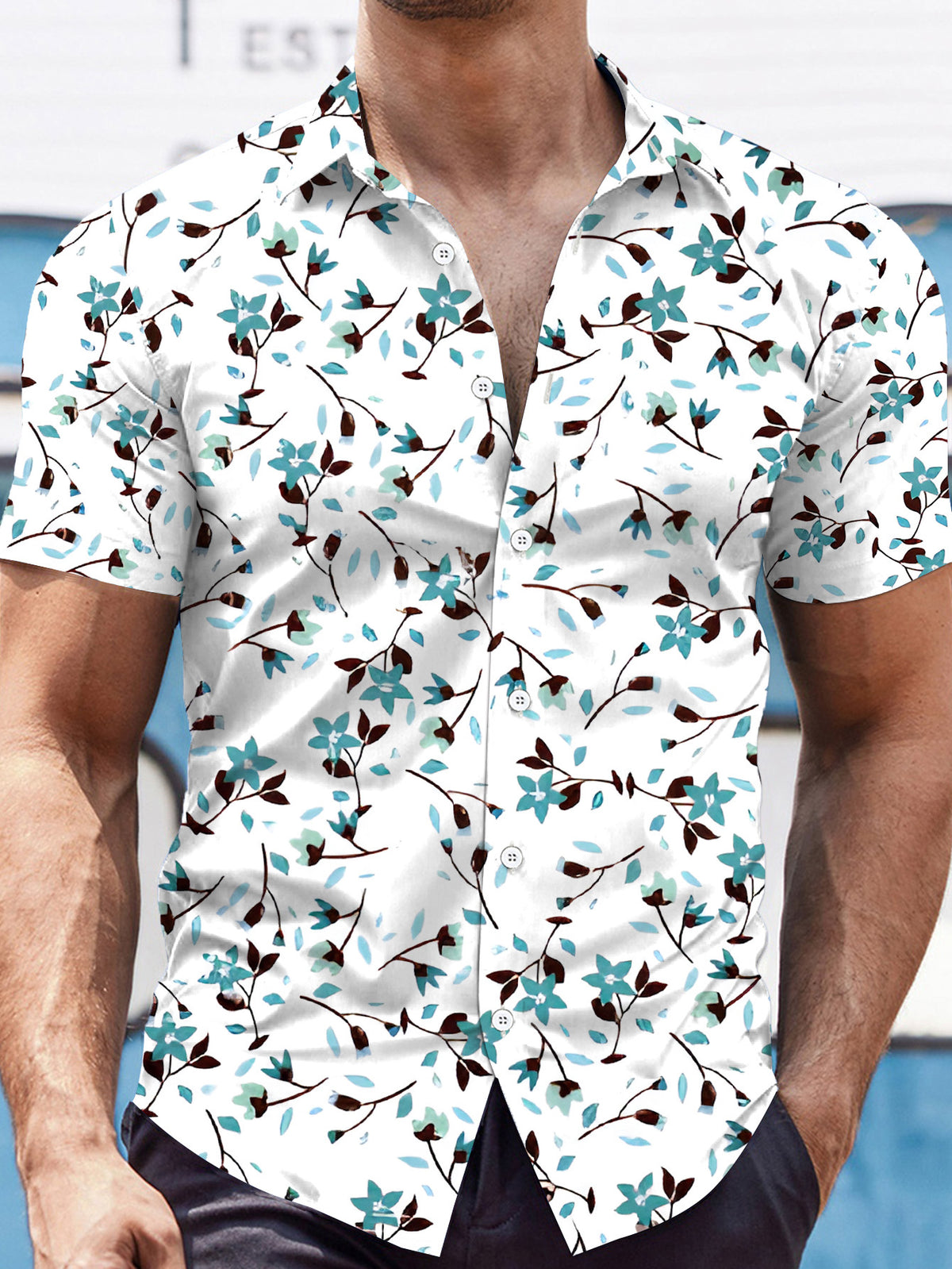 New Men's Casual Short-Sleeve Printed Shirt with Blue and White Floral Pattern, Fresh Style with Flowers and Leaves. Summer Men's Short-Sleeve Printed T-Shirt, Basic Style Men's Apparel, Daily Work Top, Fashionable Loose-Fit Casual Short-Sleeve
