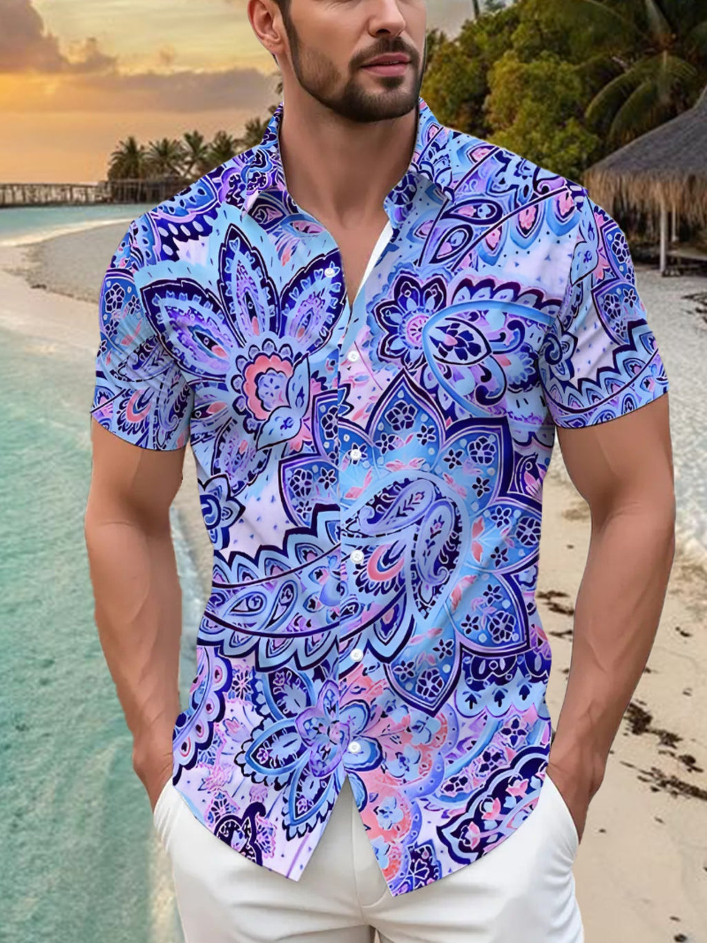 Men's Tropical Blue & Purple Paisley Print Short Sleeve Button- Shirt - Loose Fit Casual Collar Summer Beachwear, Button Front Placket for Outdoor & Smart-Casual Occasions, Suitable for Summer Season Clothing