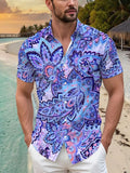 Men's Tropical Blue & Purple Paisley Print Short Sleeve Button- Shirt - Loose Fit Casual Collar Summer Beachwear, Button Front Placket for Outdoor & Smart-Casual Occasions, Suitable for Summer Season Clothing