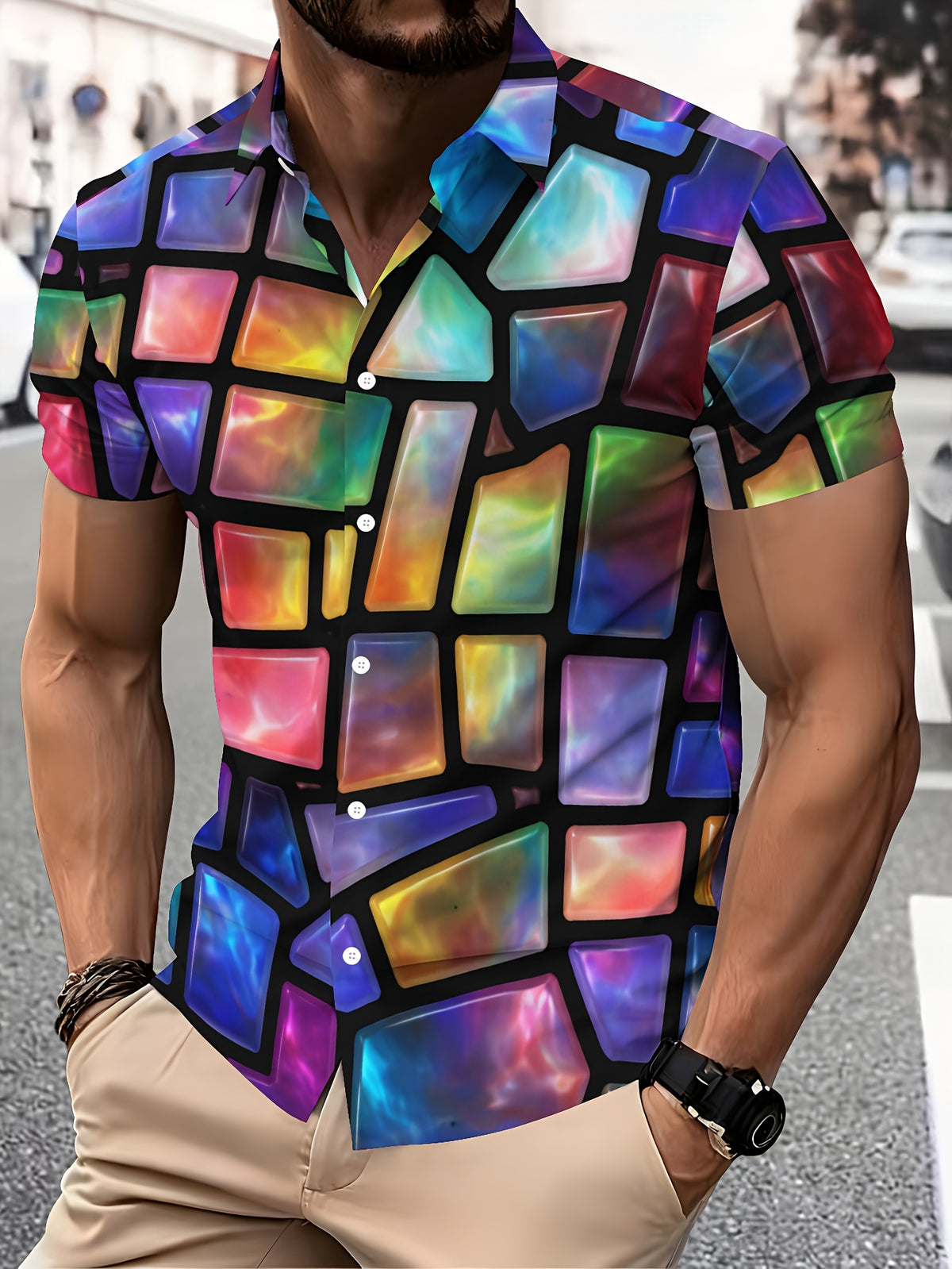 Colorful Geometric Abstract Men'S Casual Shirt Printed Stained Glass Pattern Summer Vibrant Multicolor Design