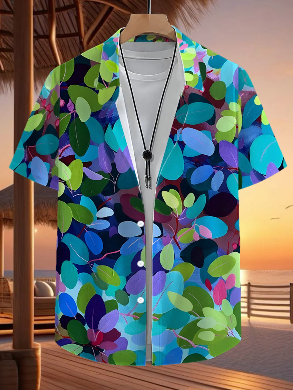 Men'S Casual Shirt with a Tropical Hawaiian Style Featuring Vibrant Leaf Patterns - Short-Sleeved with Button Design, Perfect for Outdoor And Leisure Wear in Summer