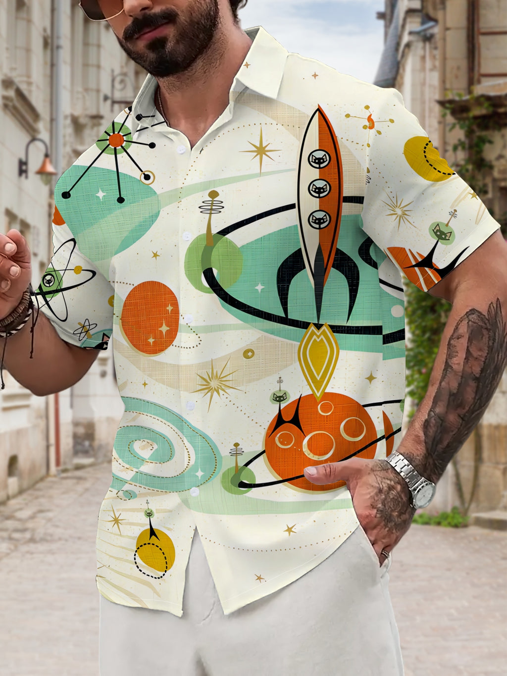 New Men's Casual Short-Sleeve Shirt, Vintage-Style Whimsical Interstellar Adventure with Adorable Cat Riding a Spaceship to Explore the Universe, Versatile Casual Top for Holiday Parties and Commuting, Polyester Fiber Fabric, Machine Washable