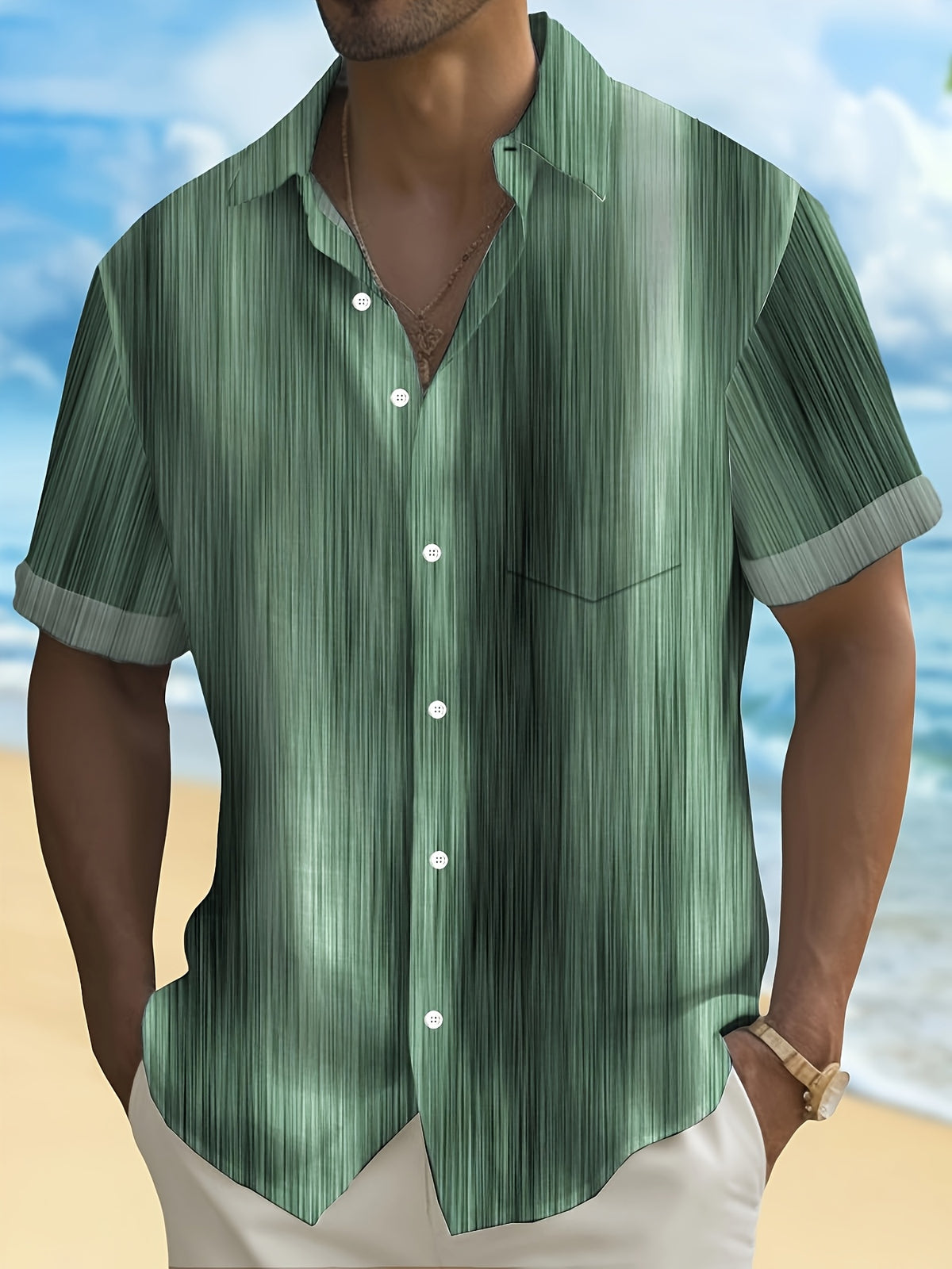 Vintage Gradient Stripe Texture Men's Button Pocket Shirt, PLUS SIZE