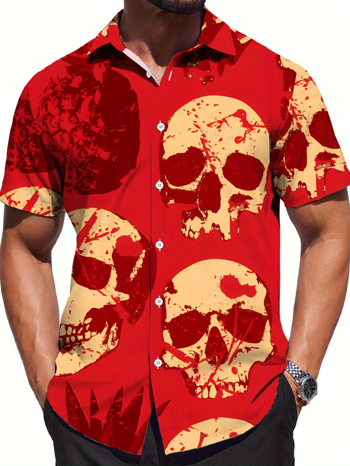 Men's Skull & Pineapple Print Button-Up Shirt - Vibrant Red Short Sleeve Lapel Collar Summer Beach Shirt, Regular Fit Casual Buttoned Top Suitable for Dates, Vacations, Gifts, Machine Washable Minimalist Streetwear for Casual Attire