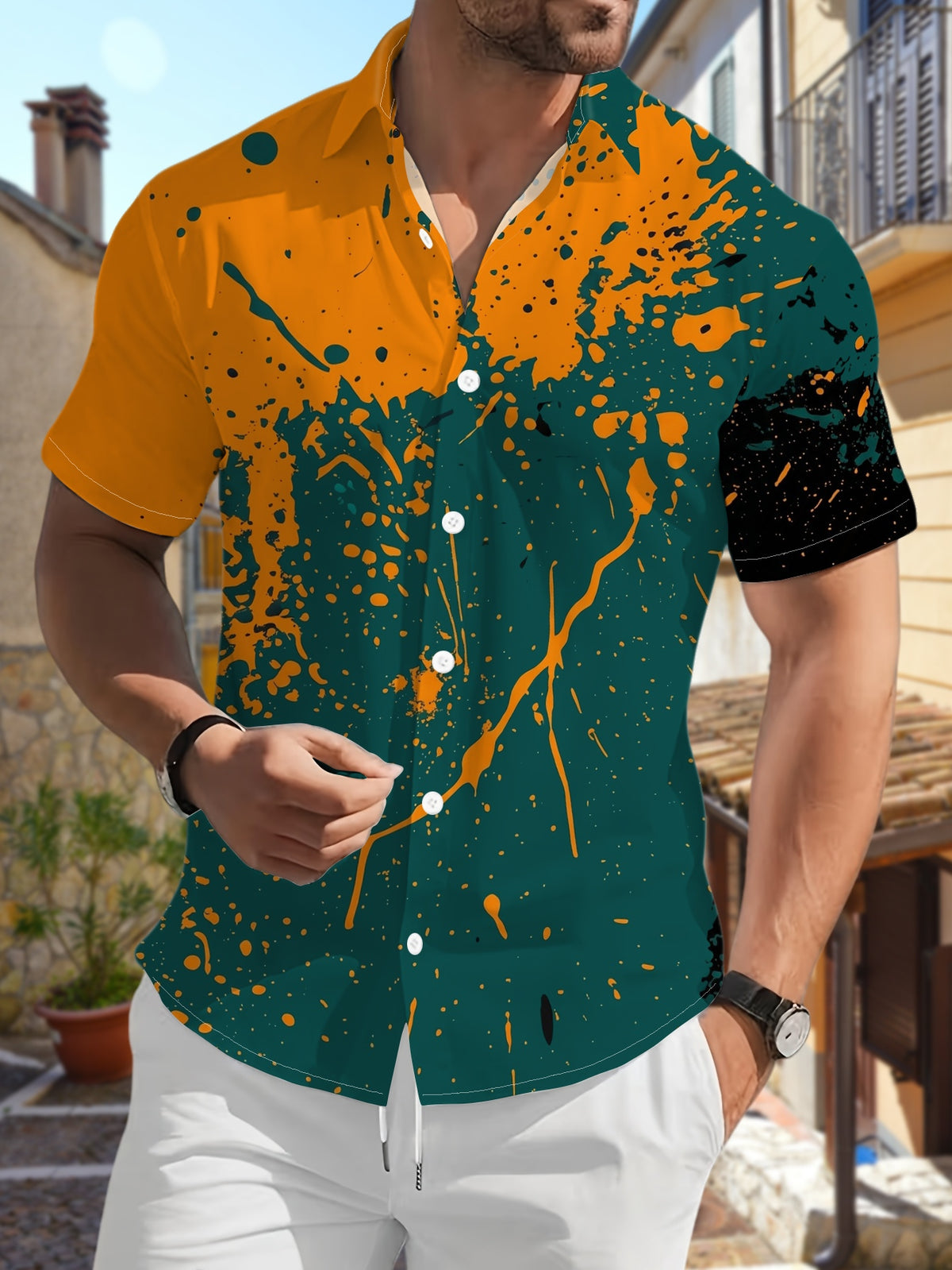 New Men's Casual Short-Sleeve Shirt, Orange and Ink Color Splash with Bold Textured Design, Versatile for Holiday Parties and Commuting, Machine-Washable Polyester Fiber Fabric, Lightweight for Summer, Suitable for Casual Wear, Outdoor Activities