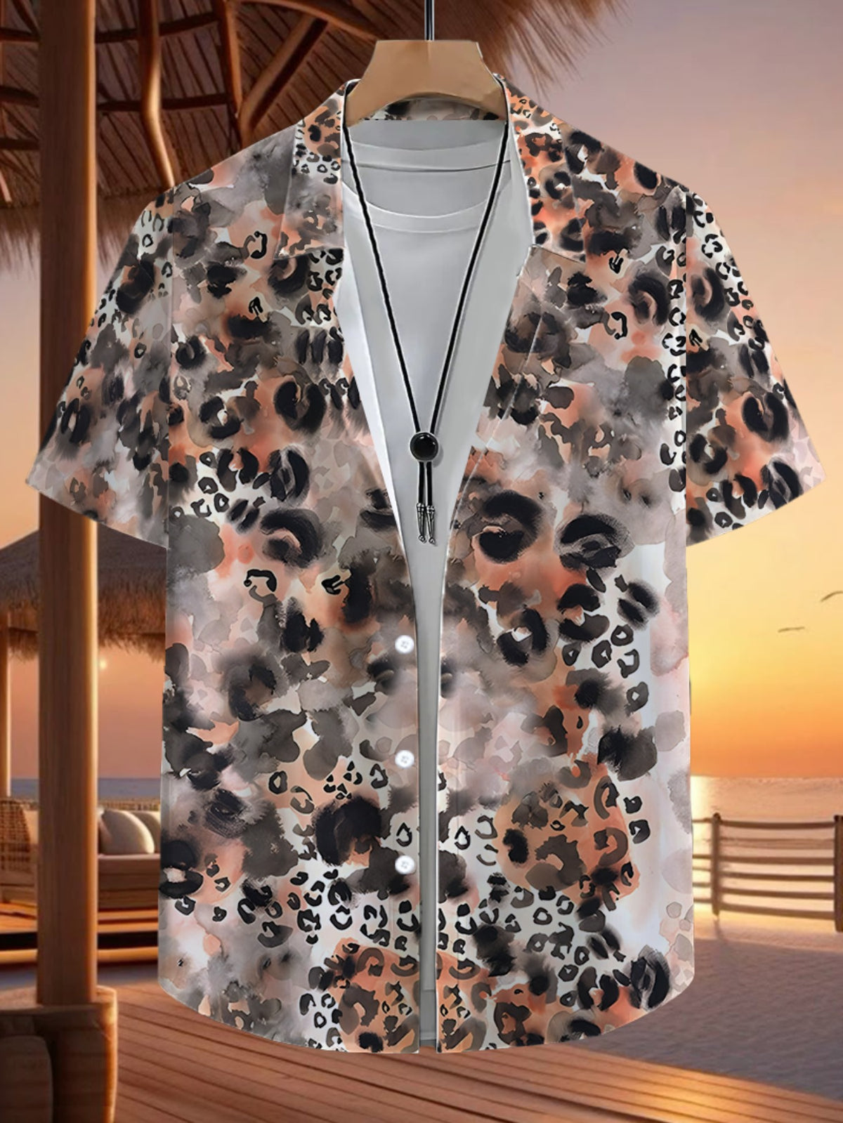 Men's Short-Sleeve Button- Shirt with Full-Body Leopard Print - Loose Fit Casual Summer Shirt Suitable for Outdoor, Beach & Casual Attire - Non-Stretch Button Collar & Design