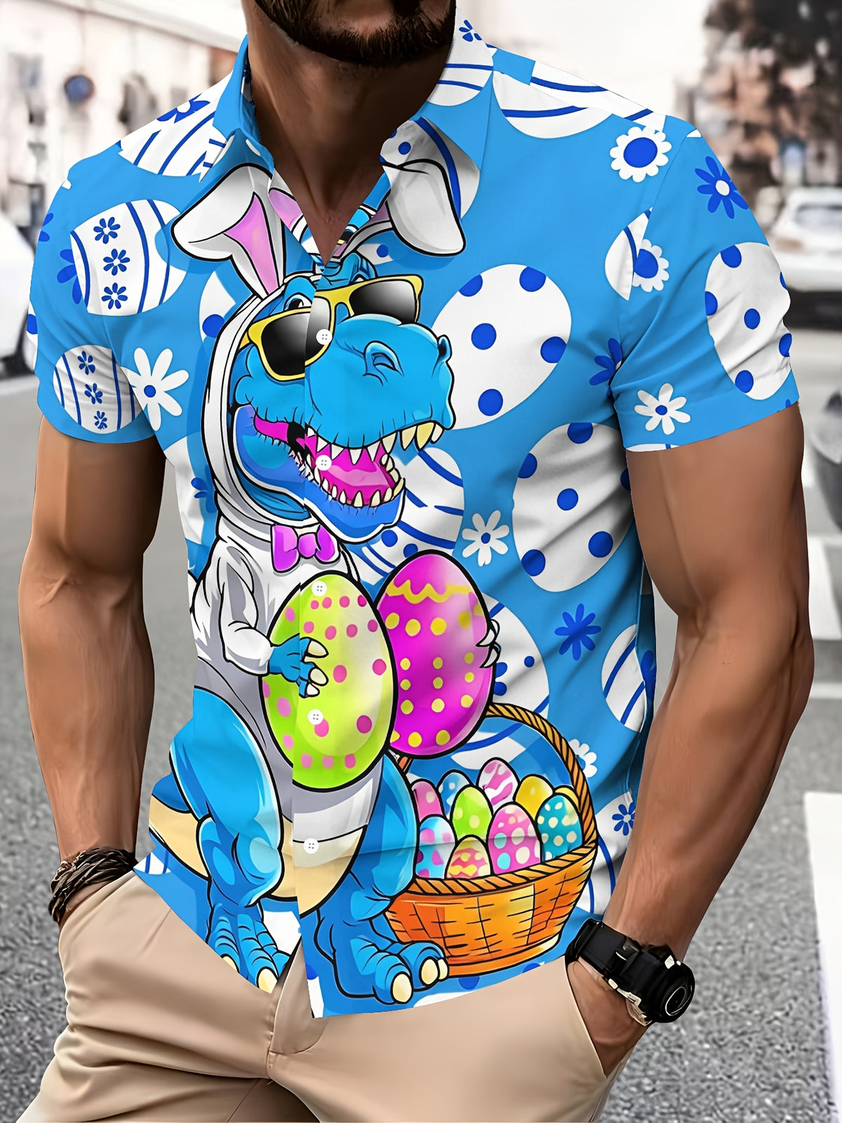 Hawaiian Style Men's Casual Shirt Print Blue Dinosaur Easter Bunny Pattern Spring Summer Fun Cartoon Character with Eggs And Basket