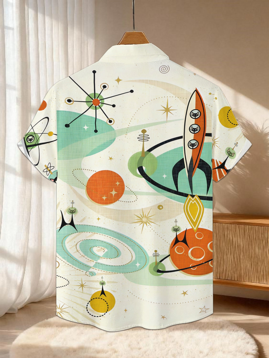 New Men's Casual Short-Sleeve Shirt, Vintage-Style Whimsical Interstellar Adventure with Adorable Cat Riding a Spaceship to Explore the Universe, Versatile Casual Top for Holiday Parties and Commuting, Polyester Fiber Fabric, Machine Washable