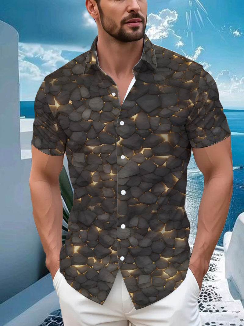 Hawaiian Stone Pattern Print Men'S Casual Shirt - Short Sleeve Button Design, Vibrant Colors, Summer Outdoor And Leisure Wear, Machine Washable