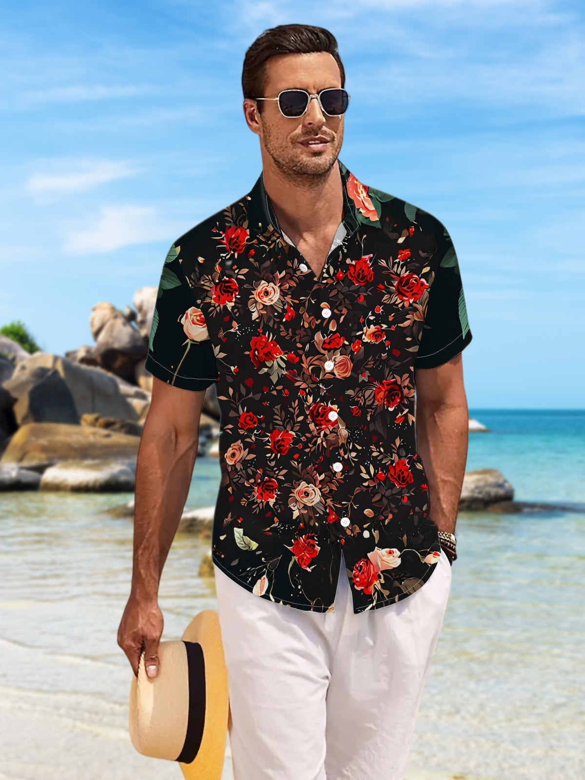 New Men's Casual Short-Sleeve Shirt with Crimson Pink Roses on a Black Background, Featuring Overlapping Clusters of Roses Entwined with Branches. Versatile for Holiday Gatherings and Commuting. Made of Polyester Fiber, Machine Washable. Button-Up