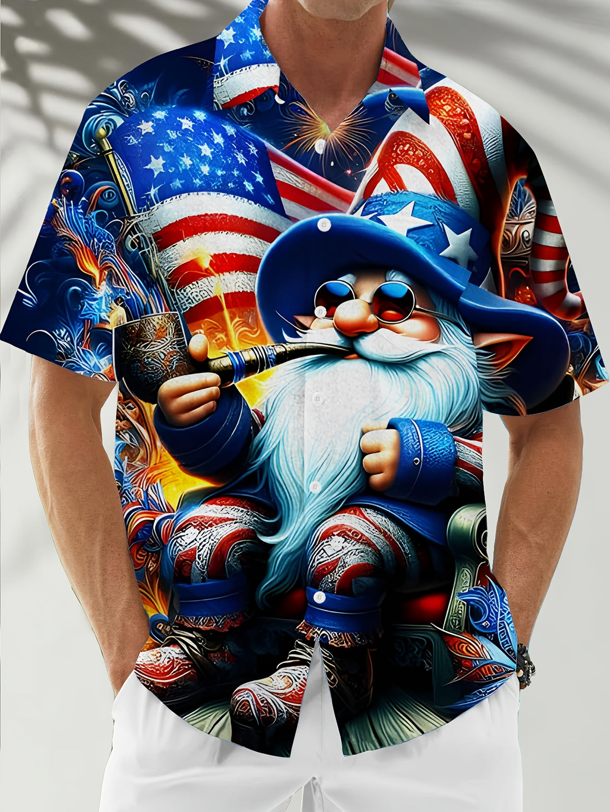 American Flag Gnome Print Men's Plus Size Button-Up Short Sleeve Hawaiian Aloha Shirt, PLUS SIZE