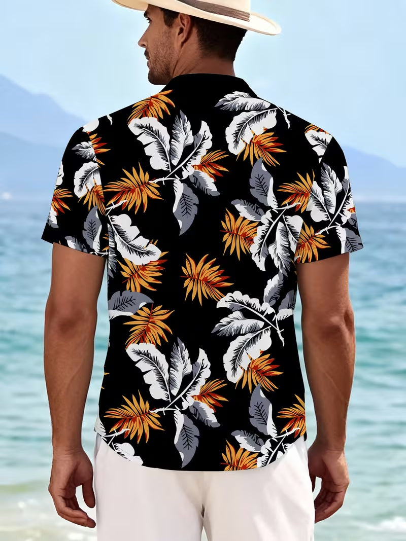Hawaiian Leaf Pattern Men's Casual Shirt - Short Sleeve Button- Design, for Summer Outdoor and Casual Wear, Daily Outfits