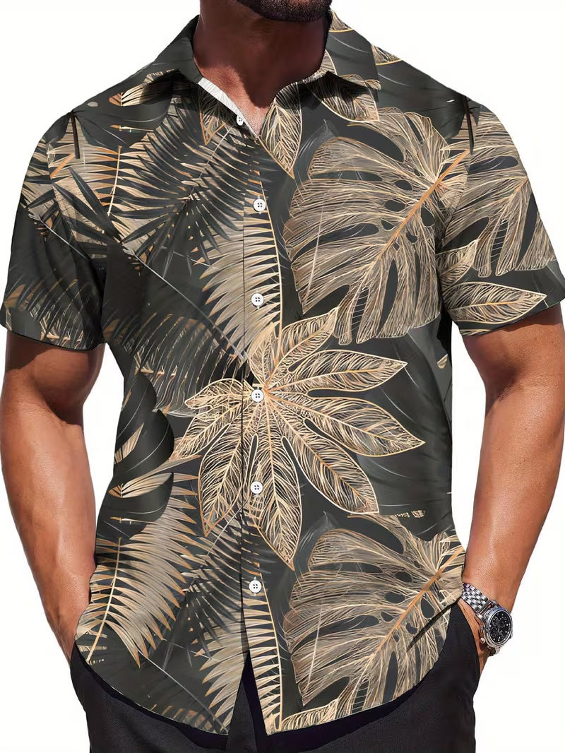 Hawaiian Leaf Pattern Print Men's Casual Shirt - Short Sleeve Button-Up Design, Vibrant Colors, Summer Outdoor and Casual Wear, Machine Washable
