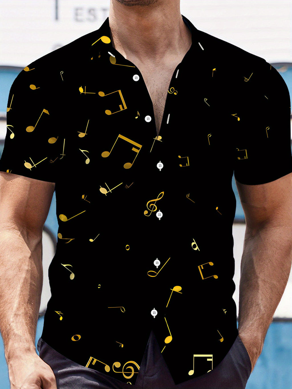 Men's Casual Short-Sleeve Shirt - Black with Golden Musical Note Print, Regular Fit Button-Up Top, Versatile for All Seasons, Beach and Daily Wear, Music-Themed Apparel, Smooth Textured Fabric