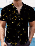 Men's Casual Short-Sleeve Shirt - Black with Golden Musical Note Print, Regular Fit Button-Up Top, Versatile for All Seasons, Beach and Daily Wear, Music-Themed Apparel, Smooth Textured Fabric