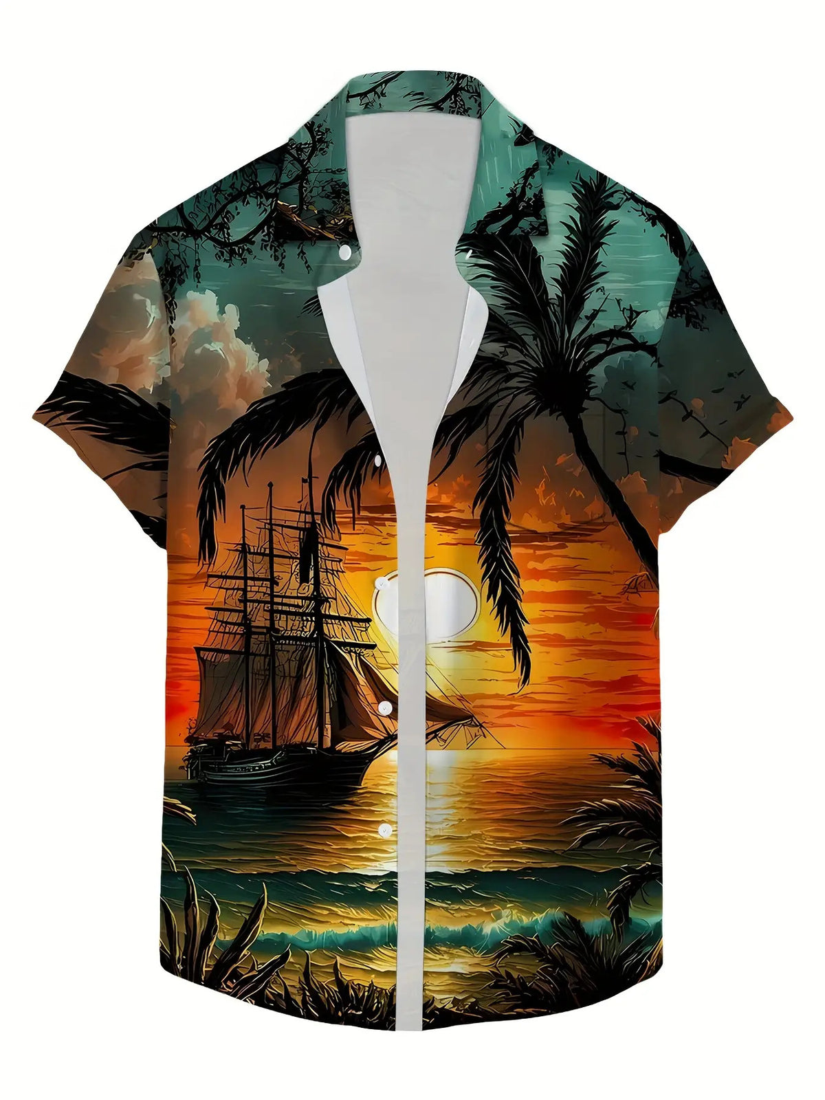 Men'S Tropical Beach Sunset Print Short-Sleeve Shirt - Made of 100% Lightweight 120G, Featuring Vibrant Palm Trees And Ocean Patterns, a Regular Fit Casual Top Suitable for Adults And Teens for Weekend Outdoor Beach Attire, Summer Wear