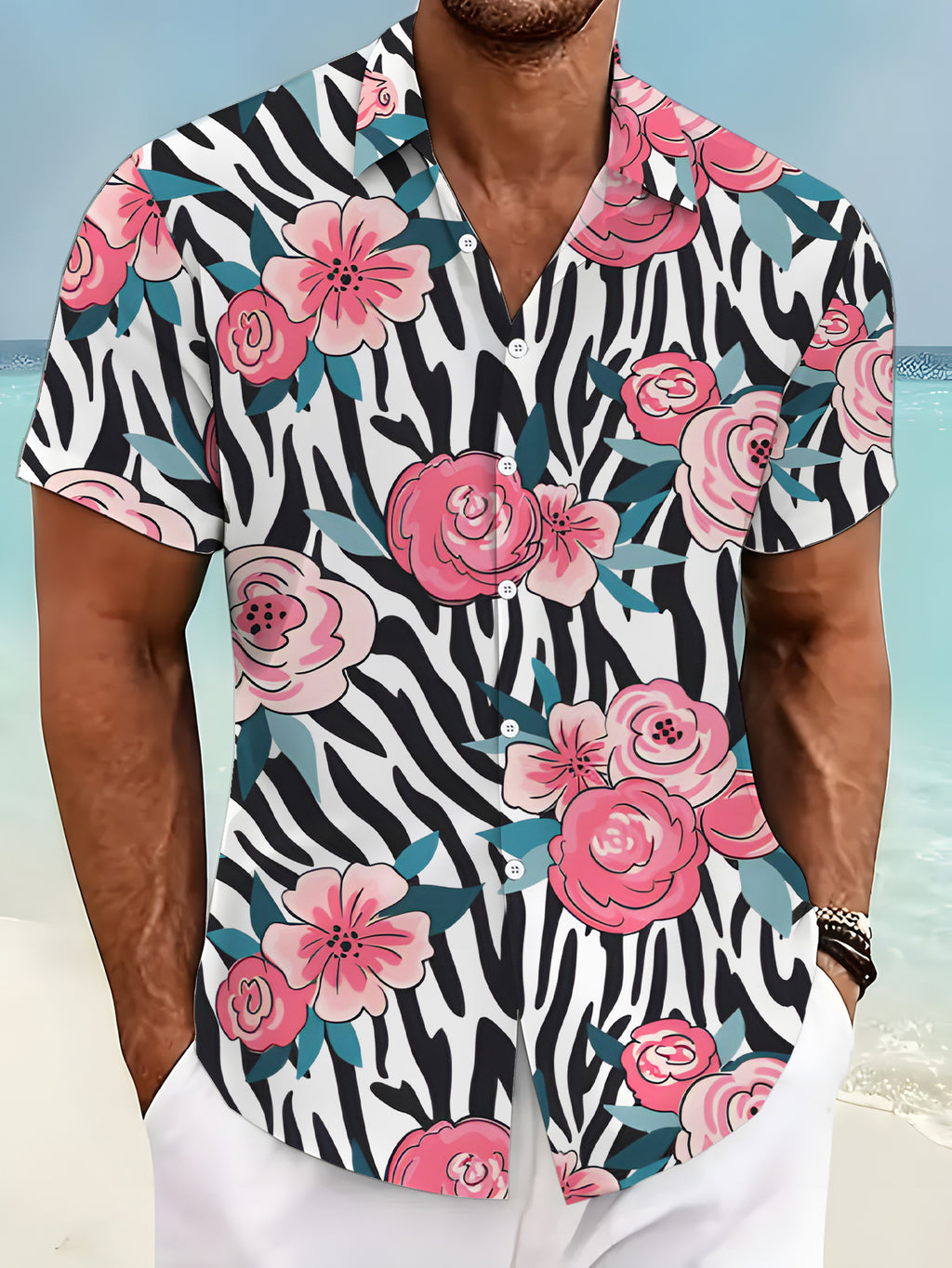 Men's Casual Short-Sleeve Shirt with Digital Print, Zebra Stripe and Pink Floral Pattern, Stylish and Elegant Apparel / Men's / Clothing / Streetwear / Printed / Trendy / Summer