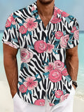Men's Casual Short-Sleeve Shirt with Digital Print, Zebra Stripe and Pink Floral Pattern, Stylish and Elegant Apparel / Men's / Clothing / Streetwear / Printed / Trendy / Summer