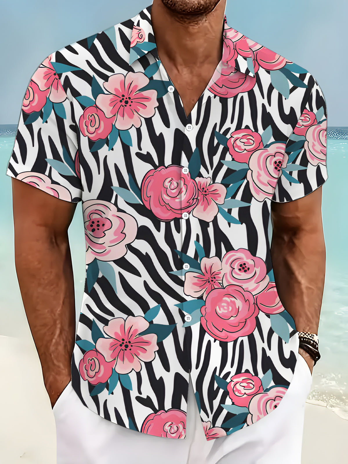 Men's Casual Short-Sleeve Shirt with Digital Print, Zebra Stripe and Pink Floral Pattern, Stylish and Elegant Apparel / Men's / Clothing / Streetwear / Printed / Trendy / Summer