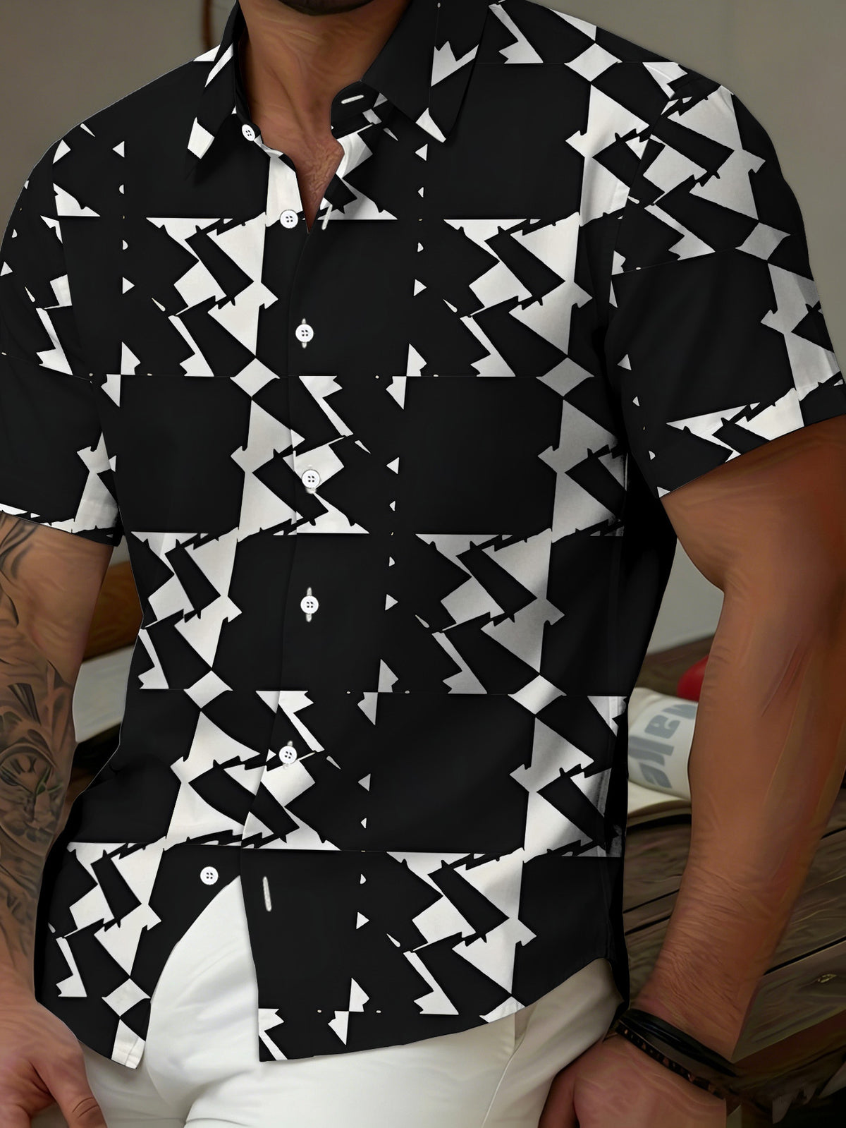 Summer Men'S Short Sleeve Shirt, Fashion Loose Casual Short Sleeve Top, Versatile Top for Beach Vacation, Men'S Youth Black And White Geometric Pattern Printed Shirt - No Texture