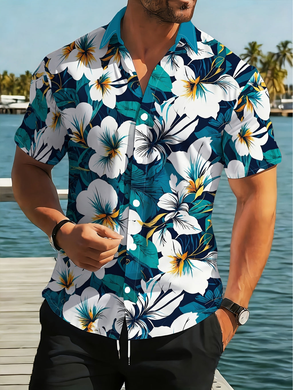 Men's Hawaiian Vacation Beach Shirt - Tropical Floral Print Short Sleeve Shirt, Regular Fit for Summer Travel and Casual Outings