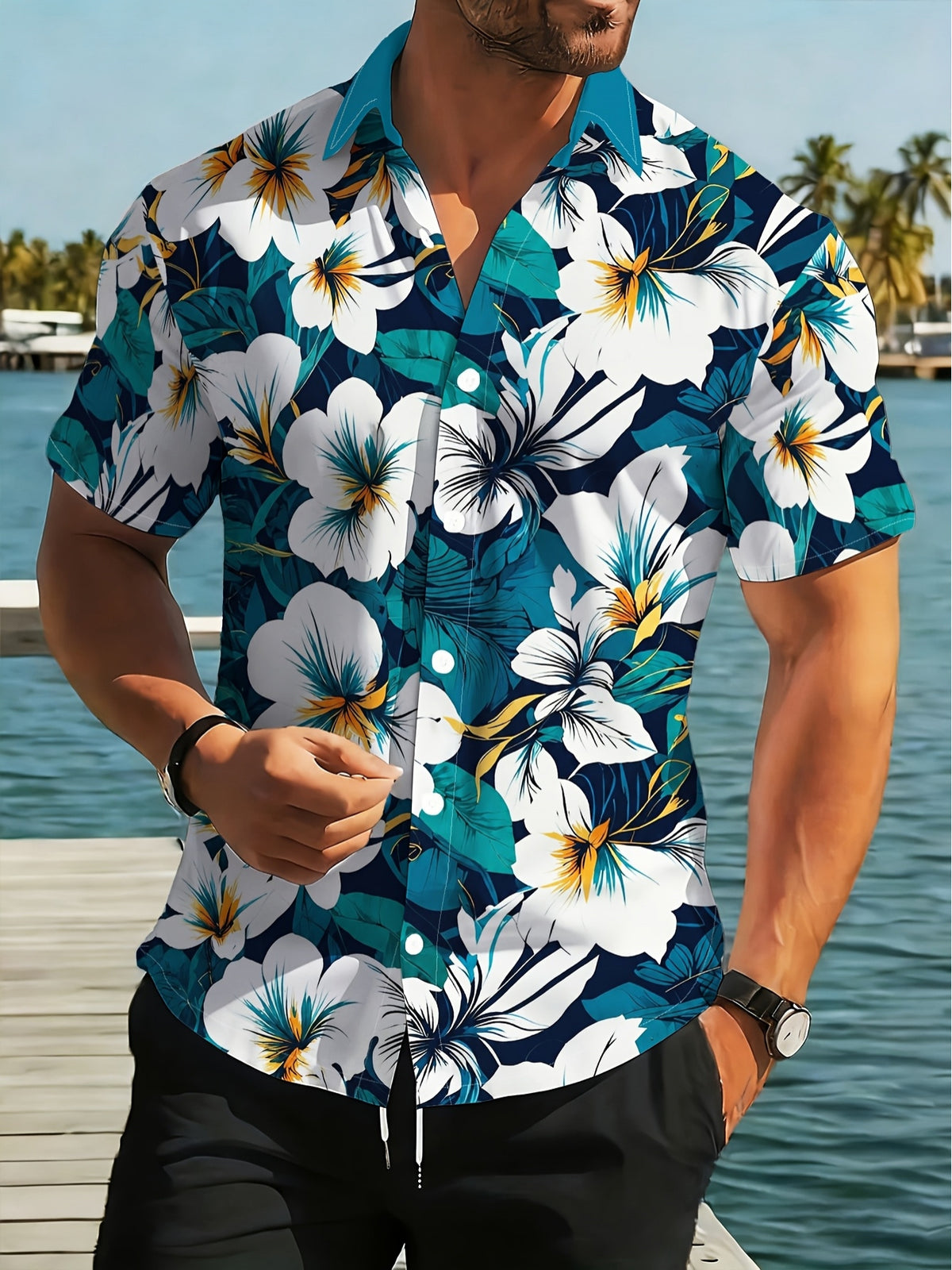 Men's Hawaiian Vacation Beach Shirt - Tropical Floral Print Short Sleeve Shirt, Regular Fit for Summer Travel and Casual Outings