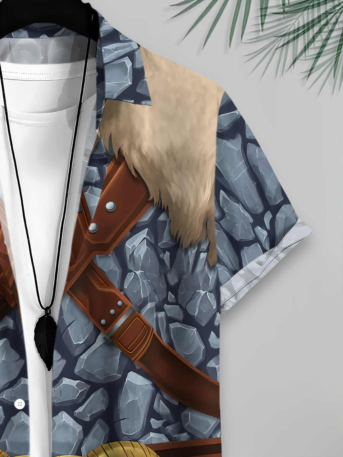 Fantasy Warrior Style Men'S Casual Shirt, Printed Gray Stone Texture with Brown Leather Straps And Golden Ram Head Belt, Summer Design Featuring Detailed Armor And Faux Fur Collar