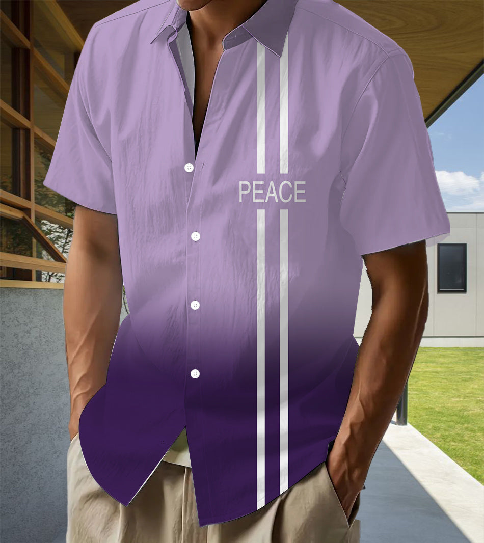 A Stylish Short-Sleeve Shirt Featuring a Dual Purple Gradient Pattern, Perfect for Tropical Summer Adventures. This Casual Button-Up Shirt Is Made from Lightweight