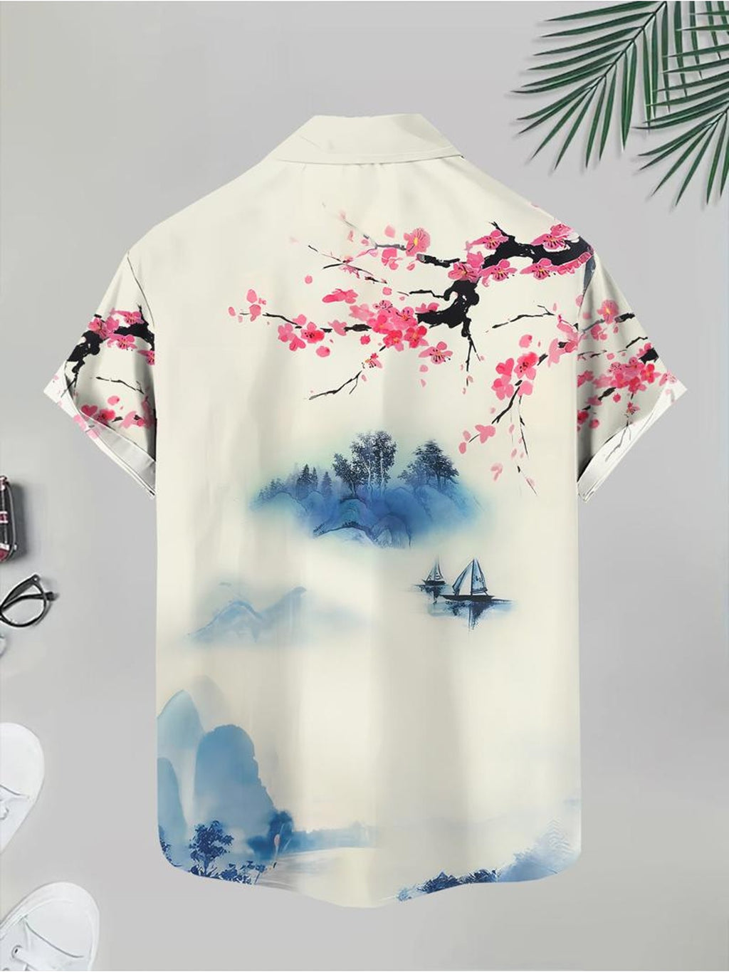 Floral And Landscape Print Men'S Casual Shirt, Cherry Blossom And Mountain Scene Beach Vacation Summer Wear
