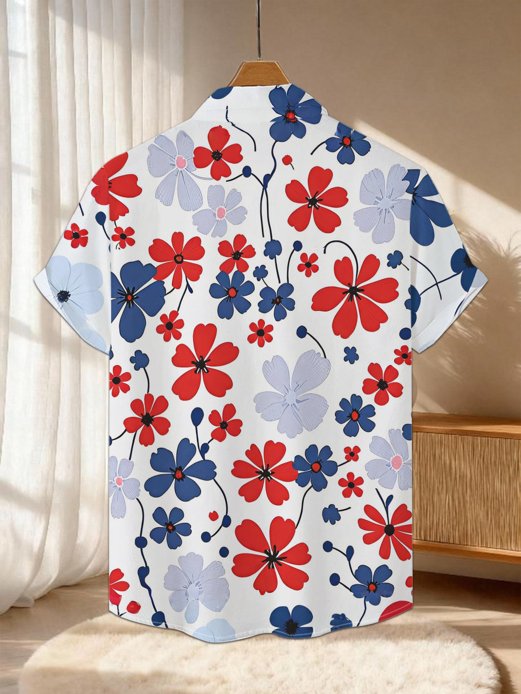 New Men's Casual Short-Sleeve Shirt with Red, Blue, and Gray Floral Scattered Accents on a White Background, Versatile for Holiday Parties and Commuting, Polyester Fabric, Machine Washable, Button- Printed Shirt