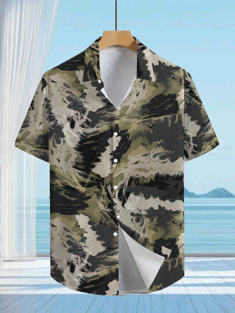Fashionable Tropical Colorful Patchwork Print Men'S Casual Shirt - Short-Sleeved Button Design, Suitable for Outdoor And Casual Wear in Summer