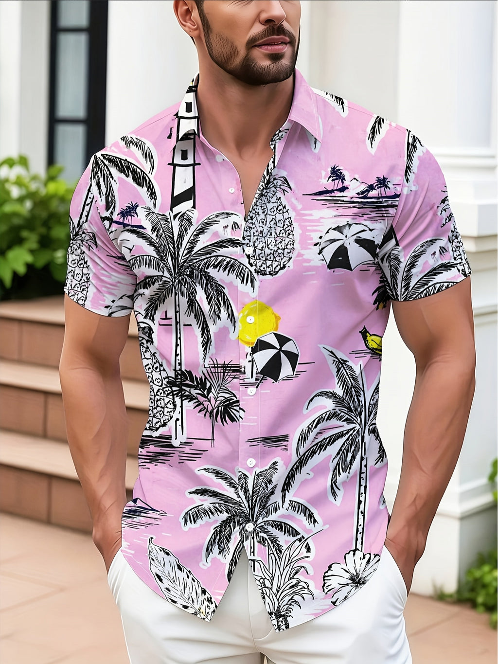 Men'S Summer Cool Print Button-Up Shirt, Pink Background Tropical Style Pattern with Palm Trees, Pineapples, Bananas, Lemons, Lighthouse, Umbrella, Suitable for Summer Casual And Beach Vacation