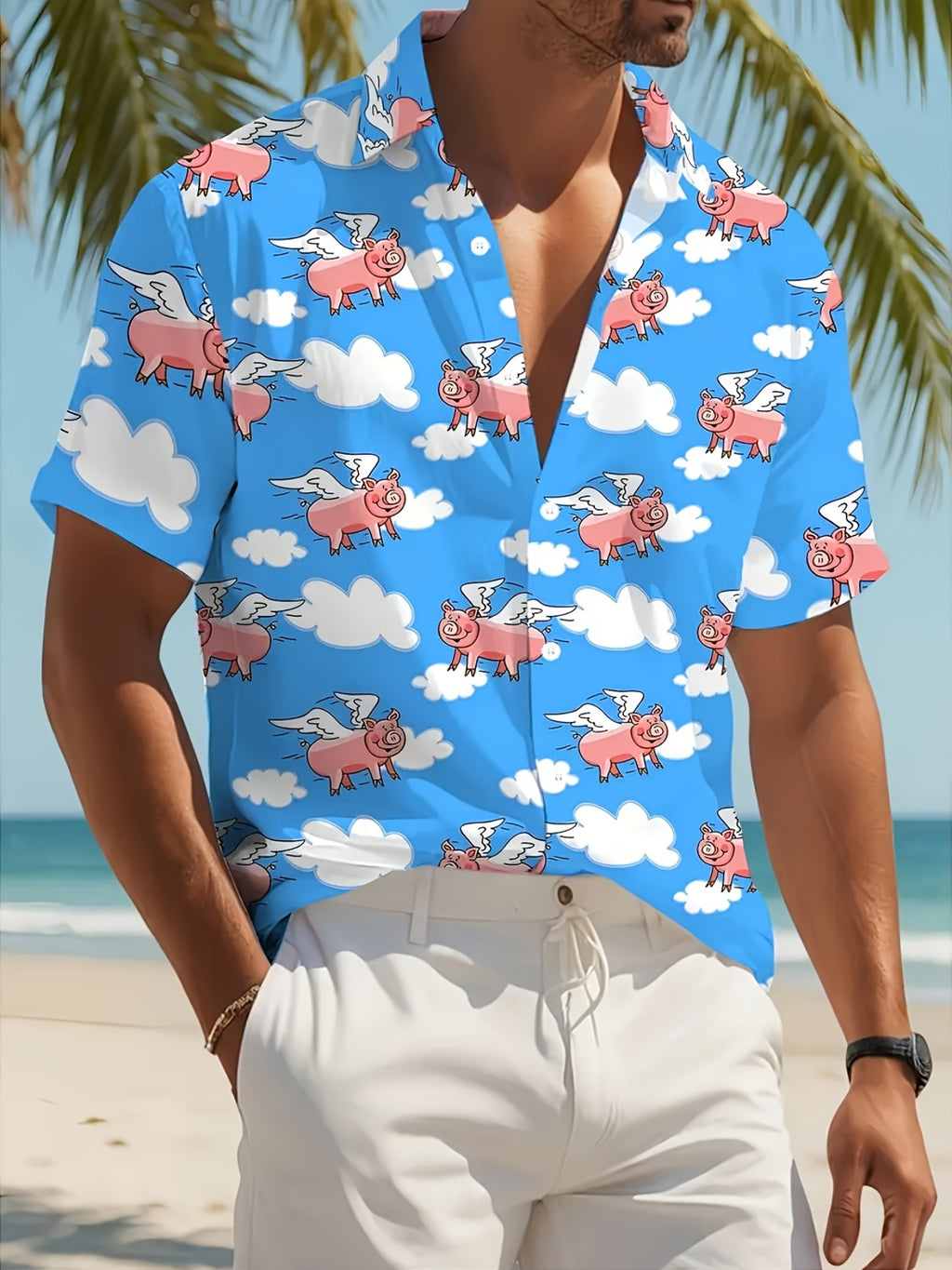 Men'S Summer Casual Short-Sleeve Shirt with Playful Flying Pig And Cloud Print - Lightweight And Breathable Fabric, Classic Collar, Regular Fit, Ideal for Beach Trips And Everyday Wear, Beachwear, Fun Pattern, Easy-Care Material